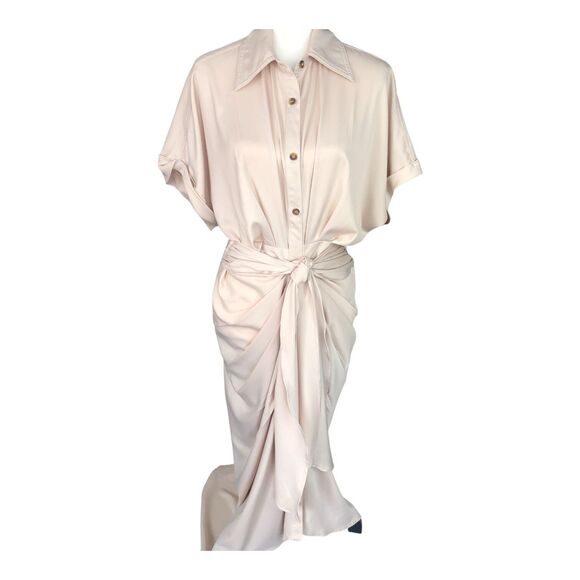 MABLE Cream Satin Drapey Elegant Corpcore Cocktail Button-Down Midi Dress M - Picture 4 of 16